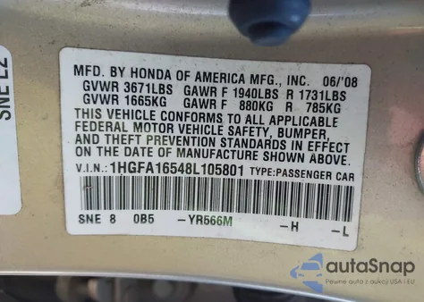 2008 Honda Civic Lx z USA, uszkodzony, nr VIN 1HGFA16548L105801